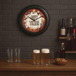 Retro “Guy Time!” Wall Clock – Funny Beer Pizza Sports Novelty Decor NIB NEW